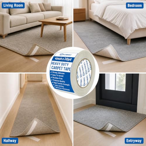 Heavy Duty Carpet Tape 4 Inch x 30 Yards, Extra Wide Double Sided Rug Gripper for Hardwood Floors, Strong Adhesive Non-Slip Tape for Area Rugs, Runners & Mats, High Tack & Durable Hold