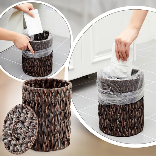 Ctosree 1.3 Gal Boho Woven Trash Can with Lid, Dark Brown | Braided polypropylene waste basket with handle and 100 garbage bags for bathroom, bedroom, office, or laundry. - color: Dark Brown, style: Round
