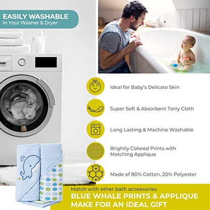 Spasilk Bath Hooded Towels & Washcloths Set for Babies, 2 Hooded Terry Bath Towels & 2 Washcloths, Blue Whale - color: Blue Whale