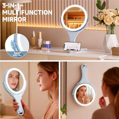 Hasipu Makeup Mirror with Lights 2000mAh Rechargeable Travel Mirror | 1X/10X Magnifying, Phone Stand Design, Rechargeable, 360° Rotatable, 3 Color Dimmable, Tabletop, Handhold, Hanging, Blue - color: Blue