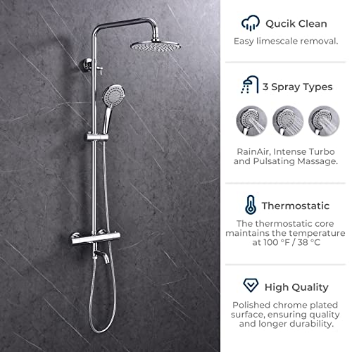 Outdoor Shower Faucet Set 8" Round Shower Head 3 Function Thermostatic Rainfall Shower Faucet Set Handheld Sprayer with Constant Temperature Polished Chrome with Height Adjustable Slide Bar