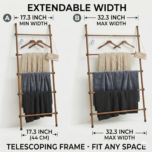 SIBRAD Expandable Blanket Ladder for Living Room, Adjustable Width (17.3"-32.3") Tall Metal Quilt Rack Wall Leaning, Rustic Brown Wood Grain 5-Tier Blanket Holder, Heavy Duty 45 Lbs Capacity - color: Brown Grain