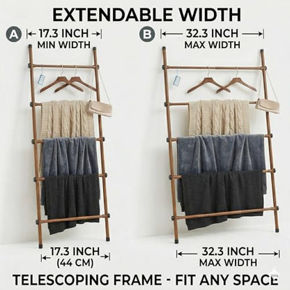 SIBRAD Expandable Blanket Ladder for Living Room, Adjustable Width (17.3"-32.3") Tall Metal Quilt Rack Wall Leaning, Rustic Brown Wood Grain 5-Tier Blanket Holder, Heavy Duty 45 Lbs Capacity - color: Brown Grain