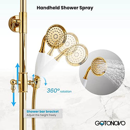gotonovo Exposed Shower System with Spout,Polished Gold,No Shower Shelf | Brass Shower Faucet Set,8’’ Rain Head with Handheld Spray,Swivel Tub Spout,2 Cross Handle,6’’ Hole Distance,Adjustable Height - color: Bright Gold