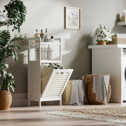 HITNET Bamboo Tilt Out Hamper, 10 Gal Bathroom Laundry Cabinet with Hidden Foldable Basket, Freestanding Clothes Storage Organizer with Storage Shelf, White - color: White