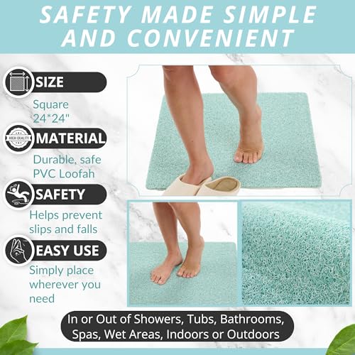 Enkosi Loofah Shower Mat Non Slip – Square Anti Slip Bath Mat for Inside Showers, Bathtub, Tub, Bathroom - Cushioned, Quick Dry PVC with Drain Holes - Secure Grip Safety Pad (Aqua Green 24x24) - color: Aqua Green, size: 24" x 24" (Square)