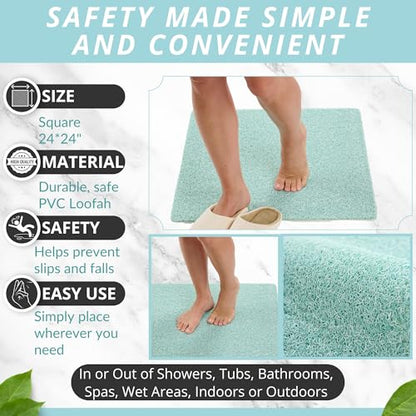 Enkosi Loofah Shower Mat Non Slip – Square Anti Slip Bath Mat for Inside Showers, Bathtub, Tub, Bathroom - Cushioned, Quick Dry PVC with Drain Holes - Secure Grip Safety Pad (Aqua Green 24x24) - color: Aqua Green, size: 24" x 24" (Square)