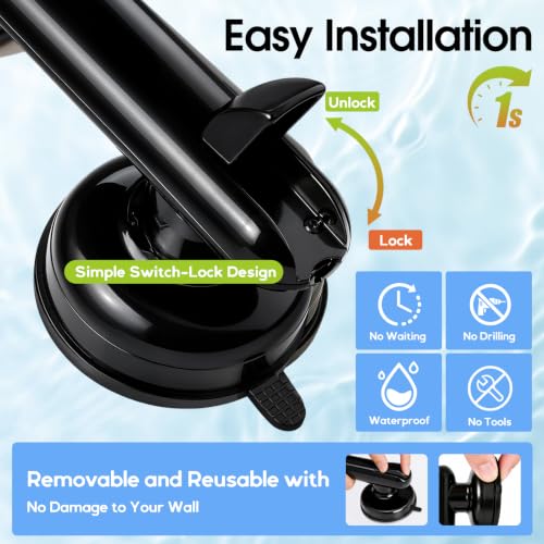 1x Grab Bars for Bathtubs and Showers for Seniors Elderly, Waterproof,2nd Generation Upgraded Rubber Suction Cup with Maximum 350 lbs Suction Power, No Drilling (Black)