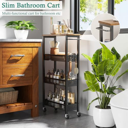XYZLVSI Utility Slim Storage Cart, 4 Tier Kitchen Narrow Shelf on Wheels | 7.1" W skinny rolling cart with wooden top and metal handle, ideal for bathroom/dorm/office, between washer and dryer storage - size: 16.7"Dx7.1"Wx34"H
