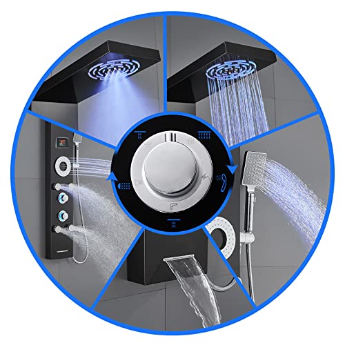 LED Shower Panel Tower System, 304 Stainless Steel Bathroom Shower Tower with 3 Body Massage Jets, Shower Column Wall Mounted - color: Black - 5 Body Jets