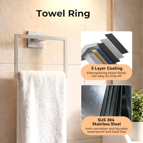 5-Piece Bathroom Hardware Set, 23.6 Inch Towel Bar Set SUS304 Stainless Steel Towel Racks for Bathroom Round Towel Bar, Towel Ring, Toilet Paper Holder, 2 Robe Hooks, Wall Mounted (Brushed Nickel) - color: Brushed Nickel, size: 5 pack