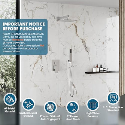 Kurpot Shower System, 10'' High Pressure Brushed Nickel Shower Head with Handheld Spray Combo, Included 59'' Shower Hose, Shower Trim Kit and 2-IN-1 Diverter, Bathroom Shower Faucet Set with Valve - color: Brushed Nickel