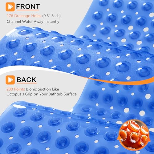 Yimobra Non Slip Bathtub Mat 40 x 16 Inch, Extra Long Shower Mat with Drain Holes, Machine Washable Baby Bath Mats, Strong Suction Cups for Bathroom Floor, Clear Navy Blue - color: Clear Navy Blue