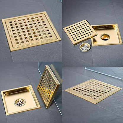 RANDOM Brushed Gold Shower Drain Square 6 Inch Shower Floor Drain with Grid Grate & Removable Hair Strainer 304 Stainless Steel Shower Drain Cover Bathroom Accessories.98738BG - color: C-brushed Gold-6″ Square