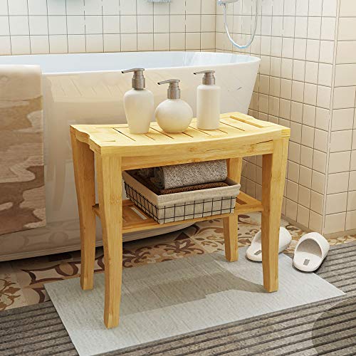 SogesHome Bamboo Shower Bench, Shower Caddies Foot Rest with Storage Shelf for Shampoo Towel, Ideal for Bathroom/Living Room/Bedroom - color: Natrual