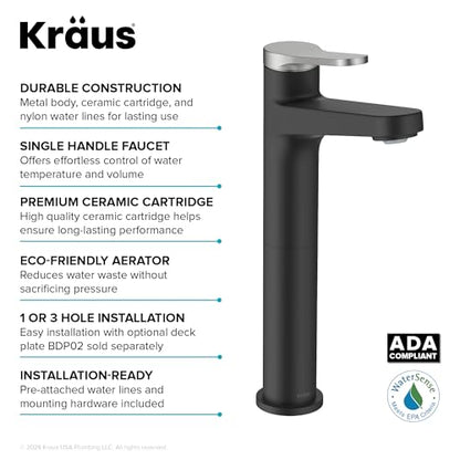 KRAUS Indy Bathroom Faucet for Vessel Sink in Spot-Free Brushed Nickel/Matte Black with Single Handle, Pop Up Drain and Supply Lines, KVF-1410SFBNMB - color: Spot Free Brushed Nickel/Matte Black, style: Vessel