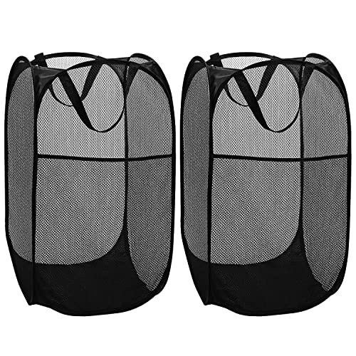 BATTOO Deluxe Strong Mesh Pop up Laundry Hamper Basket with Side Pocket Foldable Hamper for Laundry Room, Bathroom, Kids Room, College Dorm or Travel Black + Black - color: Black + Black, size: 2 pack