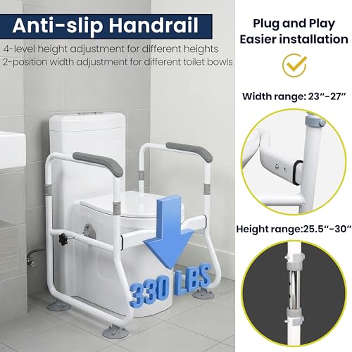 Toilet Safety Rail for Seniors - 300LBS Sturdy Adjustable Bathroom Assist Handle with Suction Cups, Tool-Free Installation, Ideal for Elderly, Post-Surgery, Mobility Impaired & Disabled