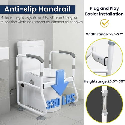 Toilet Safety Rail for Seniors - 300LBS Sturdy Adjustable Bathroom Assist Handle with Suction Cups, Tool-Free Installation, Ideal for Elderly, Post-Surgery, Mobility Impaired & Disabled