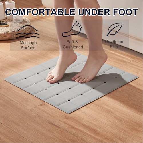 Webos Anti Slip Shower Mat for Tub & Shower Stall, 21" x 21" Square Silicone Bathtub Mat with Powerful Suction Cups, Fast-Draining, Machine Washable Soft Foldable Bathroom Mat, Grey - color: Grey, size: 21" x 21" (Square)
