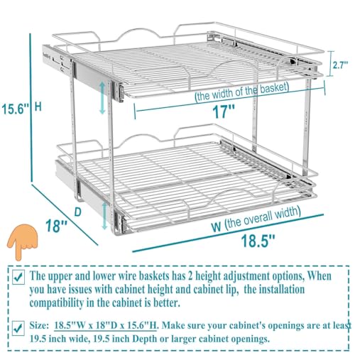 OCG 2 Tier Pull Out Cabinet Organizer (18.5" W x 18" D), Pull Out Drawers for Kitchen Cabinets, Pull Out Shelves for Base Cabinet Organization in Kitchen Bathroom Pantry, Chrome Finish - size: 18.5"W x 18"D, 2 Tier