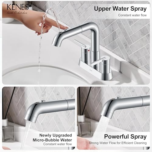 Chrome Centerset Bathroom Faucet with Pull Down Sprayer 3 Hole 4 Inch | Pull Out Bathroom Faucet with Pop Up Drain & Supply Lines, Lead-Free cUPC & NSF Certified, 4 Inch Faucet for Vanity RV Sink - color: Chrome