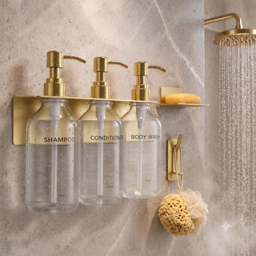 Shampoo Conditioner Body Wash Dispenser Bonus Soap Dish and Hook, Clear | 17 fl oz Set of 3 Clear Plastic Bottles with Black Pumps, Drill Free Adhesive Bathroom Organizer, Dorm Room Essentials