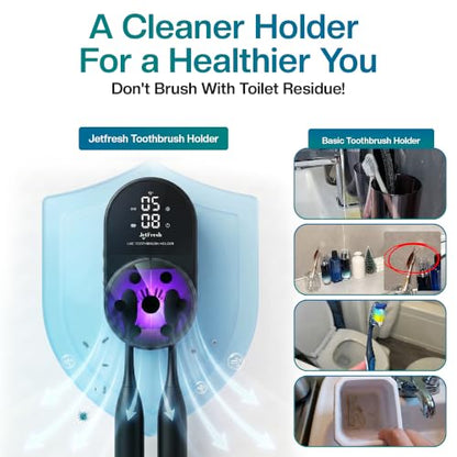 Jetfresh UV Toothbrush Sanitizer and Holder with Fan Drying| Wall Mounted UV-C Toothbrush Cleaner | Tooth Brush Sanitizer Holder Auto Shut-Off, USB Rechargeable, Fits All Brushes. - color: Black