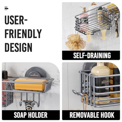 Shower Caddy Suction Cup, 2 Pack Shelves for Inside with Hooks | Grey Shower Storage, Soap Holder, Shampoo Holder, NO Drill Shower Holder, Rustproof Meatl Bathroom Basket - color: 2 X Grey