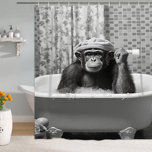 Funny Monkey Shower Curtain, Black and White Fun Chimpanzee Animal Bathroom Curtains, 72x72 Humorous Shower Curtain Set, Gray Wildlife Boys Men Modern Cool Bathroom Curtain - color: Black Gray, size: 72"W x 72"L (Pack of 1)