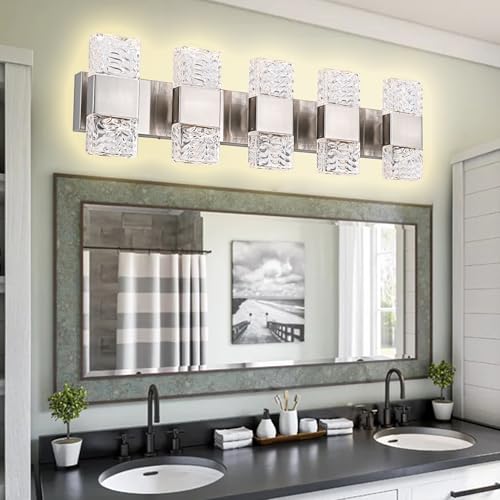 MELUCEE 30.3 in LED Bathroom Lighting Fixtures Brushed Nickel Dimmable 40W | LED Vanity Light Modern Bathroom Light Bar Crystal Wall Sconce for Bath Restroom Powder Room, 3000K Warm Lighting - color: Brushed Nickel, size: 5 Lights