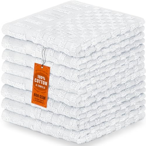 100% Cotton Jacquard Washcloths 12x12 in, White (8 Pack)