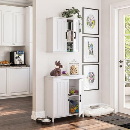 RiverRidge Monroe Two-Door Bathroom Floor Storage Cabinet - White | Linen Cabinet with Adjustable Interior Shelf and Soft Close Hinges, Matte Black Handles