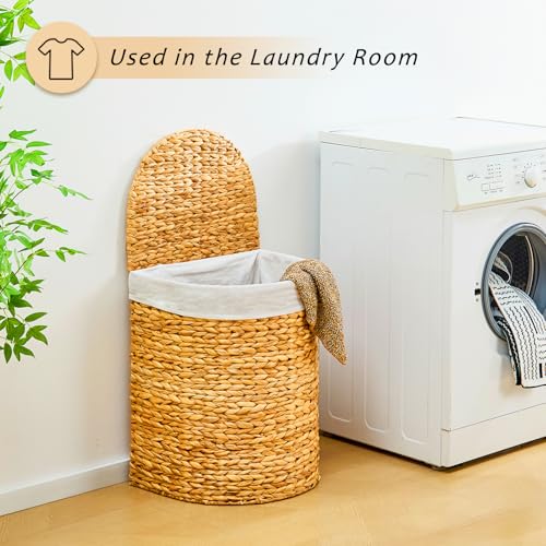 Half Round Wicker Laundry Hamper with Lid and 2 Removable Liner Bags, Handwoven Natural Water Hyacinth Laundry Basket for Dirty Clothes, Natural - color: Natural, size: 120L
