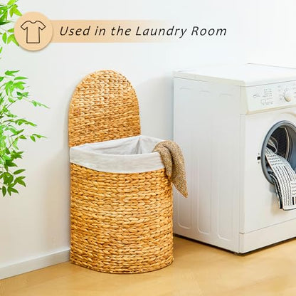 Half Round Wicker Laundry Hamper with Lid and 2 Removable Liner Bags, Handwoven Natural Water Hyacinth Laundry Basket for Dirty Clothes, Natural - color: Natural, size: 120L