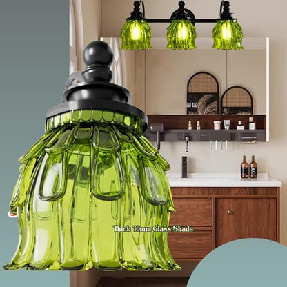 3-Light Bathroom Vanity Light Fixture Wall Mounted Mirror Front Lamp | with Water-Lily Shaped Green Crystal Glass Shade, Modern Black Antique Finish Lamp for Mirror Kitchen Living Room Hallway - size: 3-Light (Water-Lily Shaped)