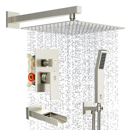 SR SUN RISE 12 Inch All Metal Square Shower System with Tub Spout, Tub Shower Faucet Set, High Pressure Rain Shower Head and Handheld Sprayer Shower Fixtues, Valve Included, Brushed Nickel - color: Brushed Nickel, size: 12 Inch