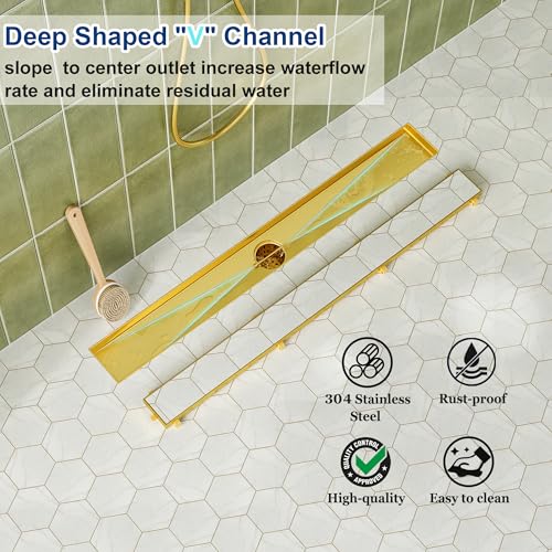 Neodrain 24-Inch Gold Linear Shower Drain Tile-in Cover Hidden Linear Drain | Brushed Gold 24" Shower Floor Drain 304 Stainless Steel Trench Drain Easy to Clean & Hair Catcher, Bathroom drain - color: Gold, size: 24 IN