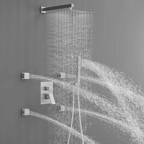 RUMOSE Rainfall Shower System with 4 Full Body Jet 4 Mode Shower Faucet Set | 12 Inch Rain Shower Head, 2 in 1 Handheld Spray, Brushed Nickel Brass Shower Jet Shower Fixtures, Wall Mounted - color: Brushed Nickel