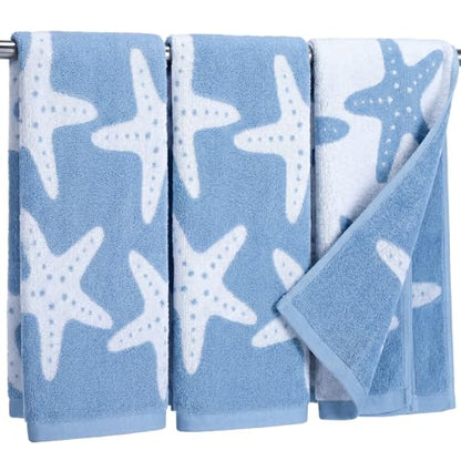 Chumia 3 Pack Coastal Bathroom Towels, Starfish Embroidered Hand Towel Set, 15.75 x 23.62 Inch Cotton Jacquard Washcloth, Soft Decorative Gift for Summer Holiday Beach Home Bathroom Kitchen Decor