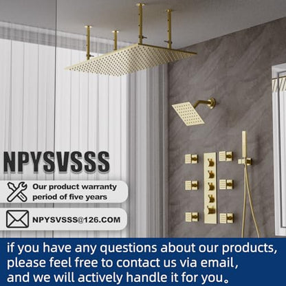 Dual Shower Heads System 16"x32" Ceiling Mount Rainfall and 6" Wall Mounted Shower Heads with 6 body Jets Thermostatic Shower Valve Full Body Shower System,Brushed Gold - color: Brushed Gold