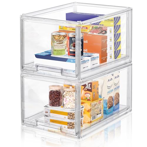 DILIBRA 2 Packs Large Stackable Storage Drawers, Plastic Clear Bathroom Make up Under Sink Drawer Organizers, Acrylic Bathroom Storage Bins for Cabinet Closet Office Kitchen Pantry Snacks Organization - color: 2