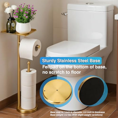 Gold Toilet Paper Holder with Shelf, Freestanding Tissue Holder Stand with Storage Space for Extra 4 Toilet Paper Rolls (Stainless Steel Base, Gold) - color: Gold