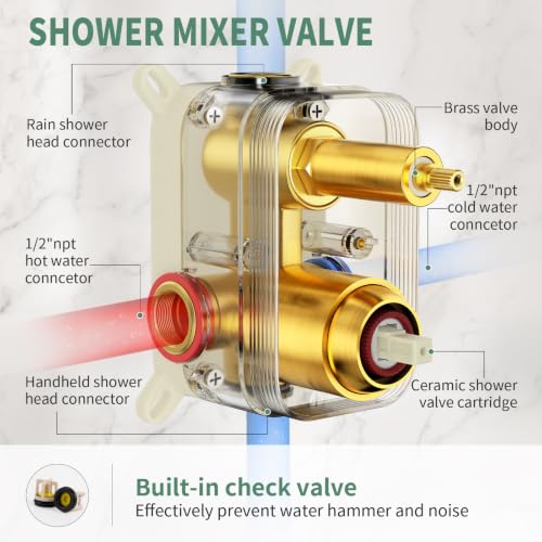SunCleanse Rainfall Shower System with High Pressure in Brushed Gold | Ceiling mounted shower combo set featuring a 10" square rain head, handheld spray, and rough-in mixer valve with trim. - color: Brushed Gold, style: 10-ceiling
