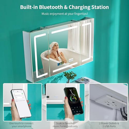 VINGLI LED Lighted Medicine Cabinet with Intelligent Mirror, Bluetooth Speaker, Weather & Temp Display, Anti-Fog, Built-in Outlet & USB, Large 3-Door Bathroom Mirror Cabinet,48 Inch, Need Assembly - size: 6"D x 48"W x 28"H