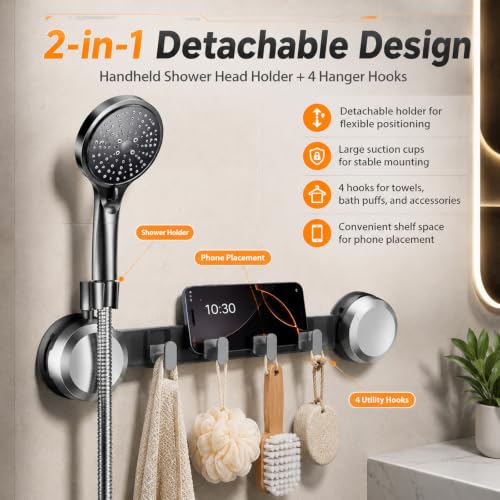 Suction Cup Handheld Shower Head Holder with 4 Hanger Hook Wall Mount, Adjustable Handheld Shower Head Mount Removable for Large & Heavy Shower Heads - Bathroom Wall Mounted Shower Wand Holder