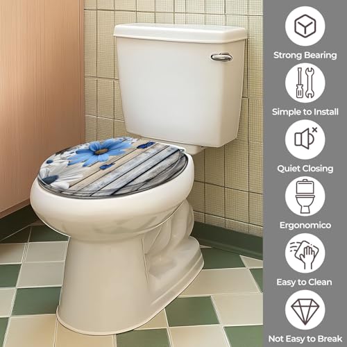 Round Resin Toilet Seat, Quietly Close Quick Release Hinges Cover | Toilet Lid Cover Easy to Clean and Install, Flower Shower Daisy Wild Rustic Floral Blue Flowers White Heavy Duty Toilet Seat - color: pattern8, size: O-shape