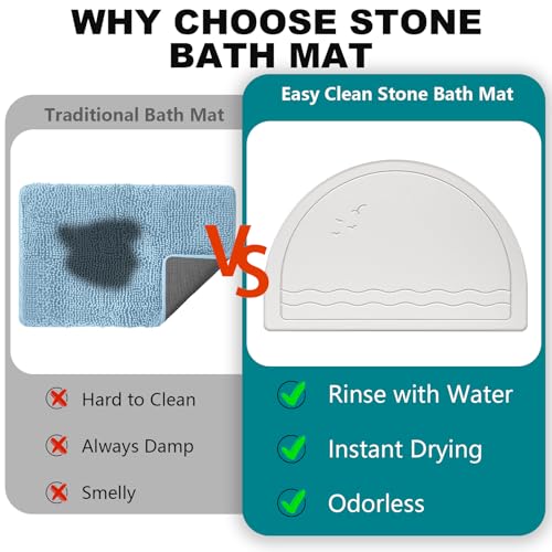 Elfcool Stone Bath Mat Diatomaceous Earth Shower Mat Non Slip Quick Dry Bath Stone Mat Super Absorbent Bathroom Floor Mat for Bathroom Kitchen Counter (Off White-Half Round-Birds) - color: Off White-half Round-birds
