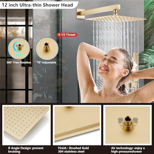 Midanya Shower Faucet Set with Handheld Sprayer,12 Inch,Brushed Gold | Rough-in Shower Valve and Trim Kit Included,Square Rain Head,Wall Mount Shower System,All Metal,Bathroom - color: Gold, size: 12 Inch