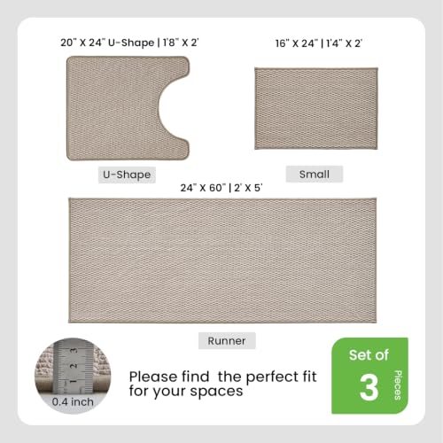TYUU Bath Mat Set 3 Piece, Bathroom Rugs Non Slip Washable & Toilet Mat | Non Slip Quick Dry Low Pile Bathroom Mats, Washable Bath Rugs 3 Pc Set: 16x24, 24x60 Rug & U Shape Toilet Mat 20x24 in. Beige - color: Beige, size: 16"x24" + 24"x60" + 20"x24" U Sha